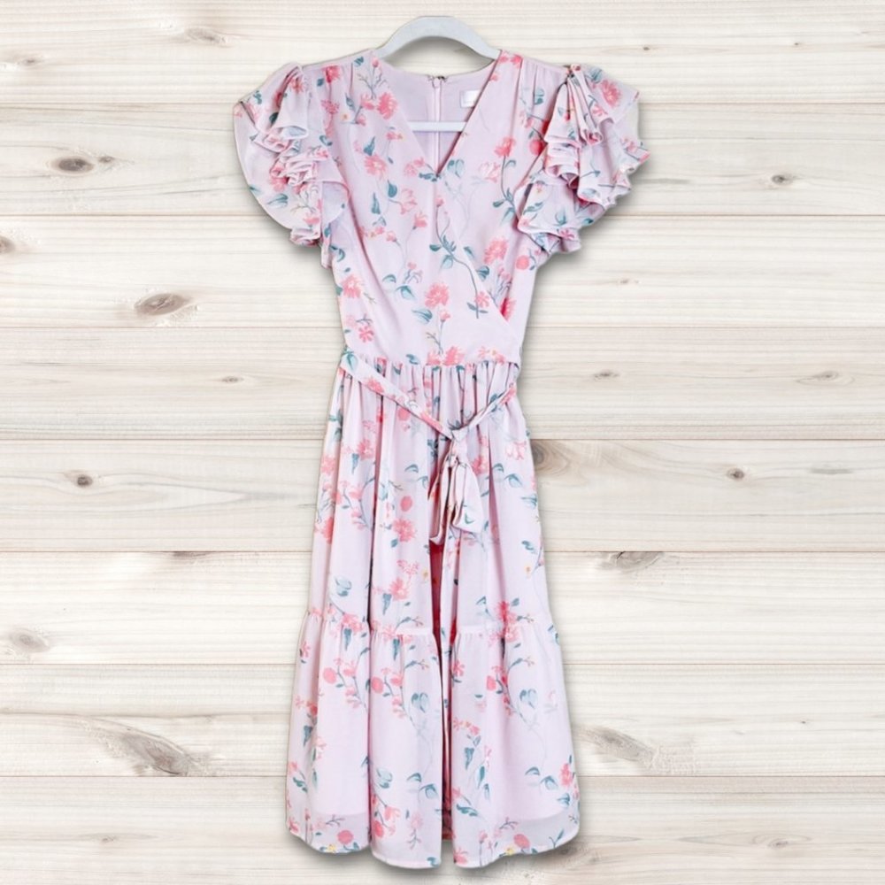 Rachel Parcell Pink Floral Midi Wrap Dress w/ Flutter Sleeves | Size XXL